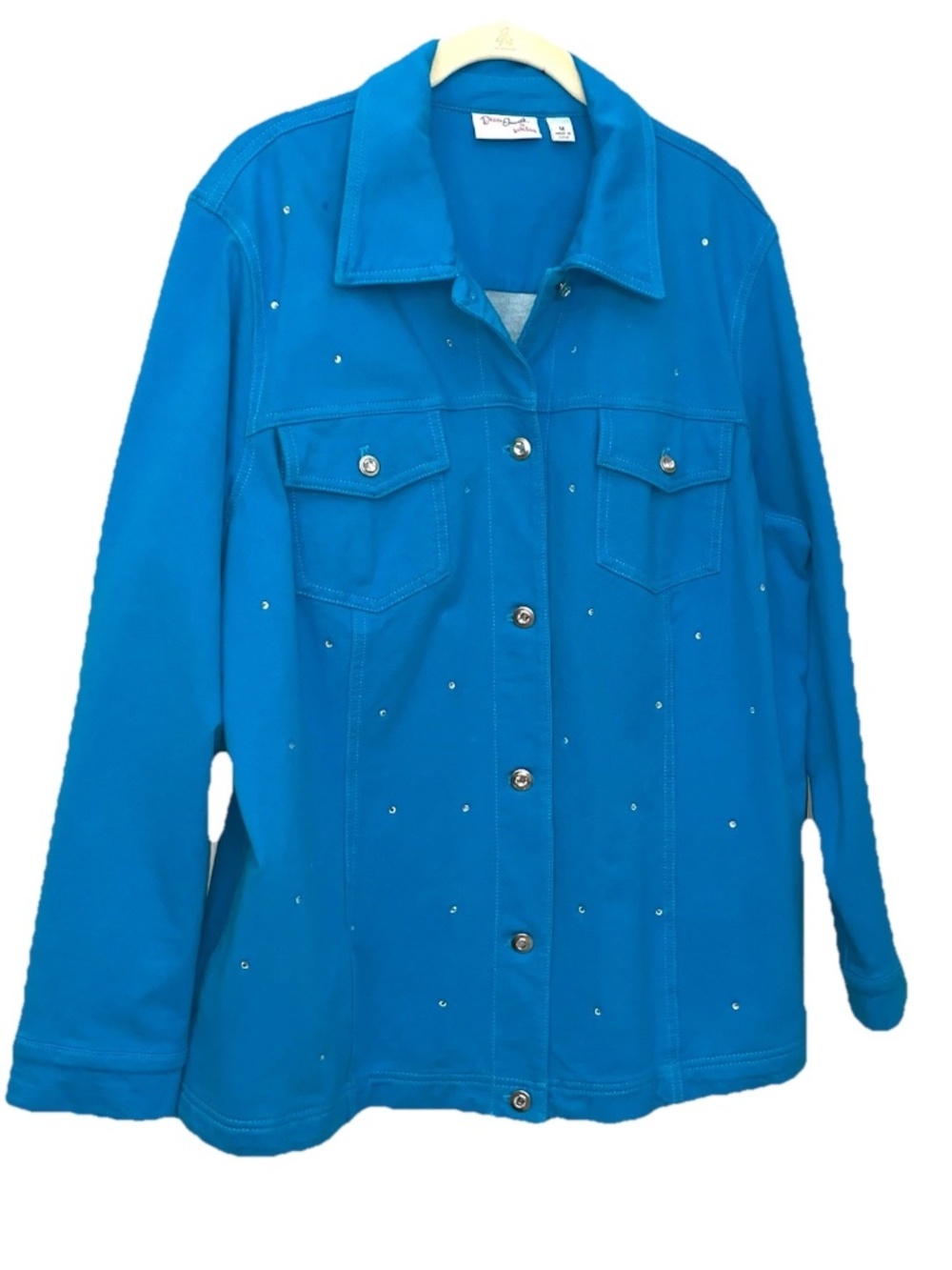 Dream Jeannes Quaker Factory Jacket 1X Teal Stretch Rhinestone Button Up Vtg EUC